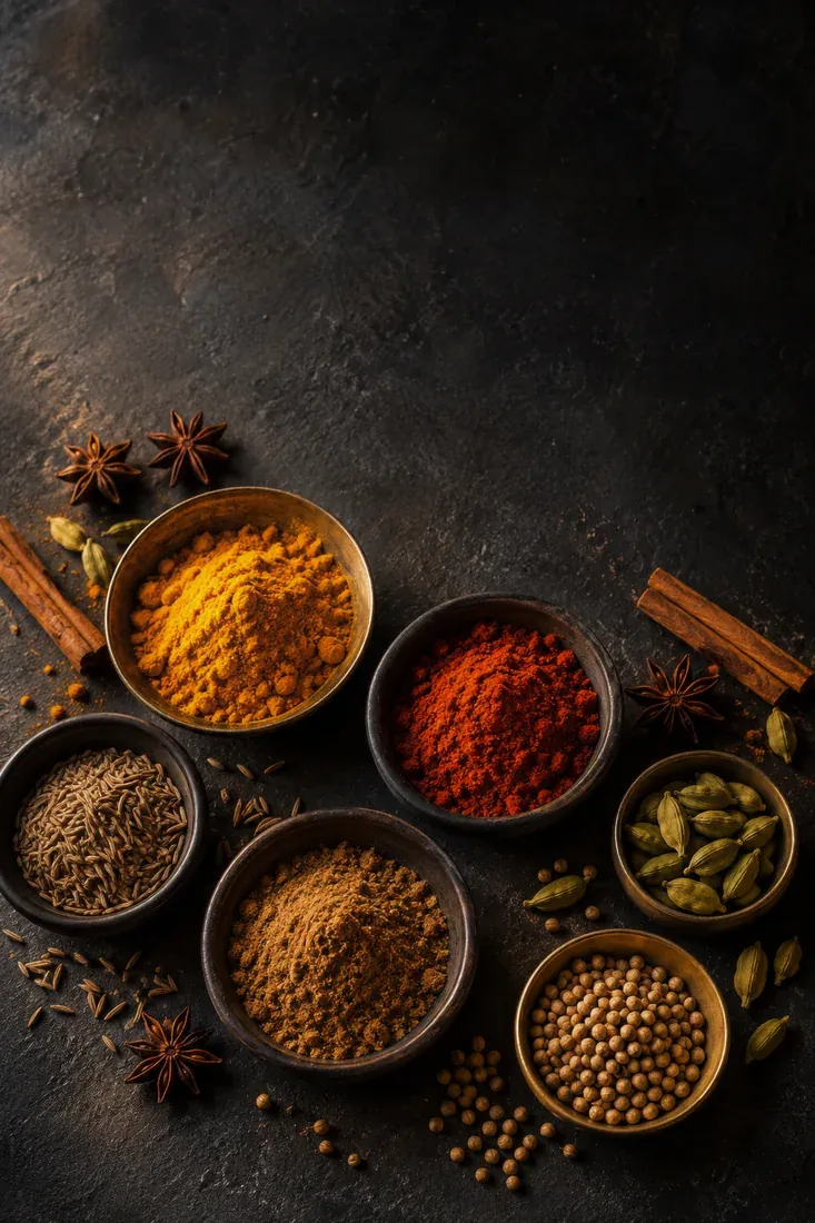 Taças de especiarias indianas sobre ardósia escura