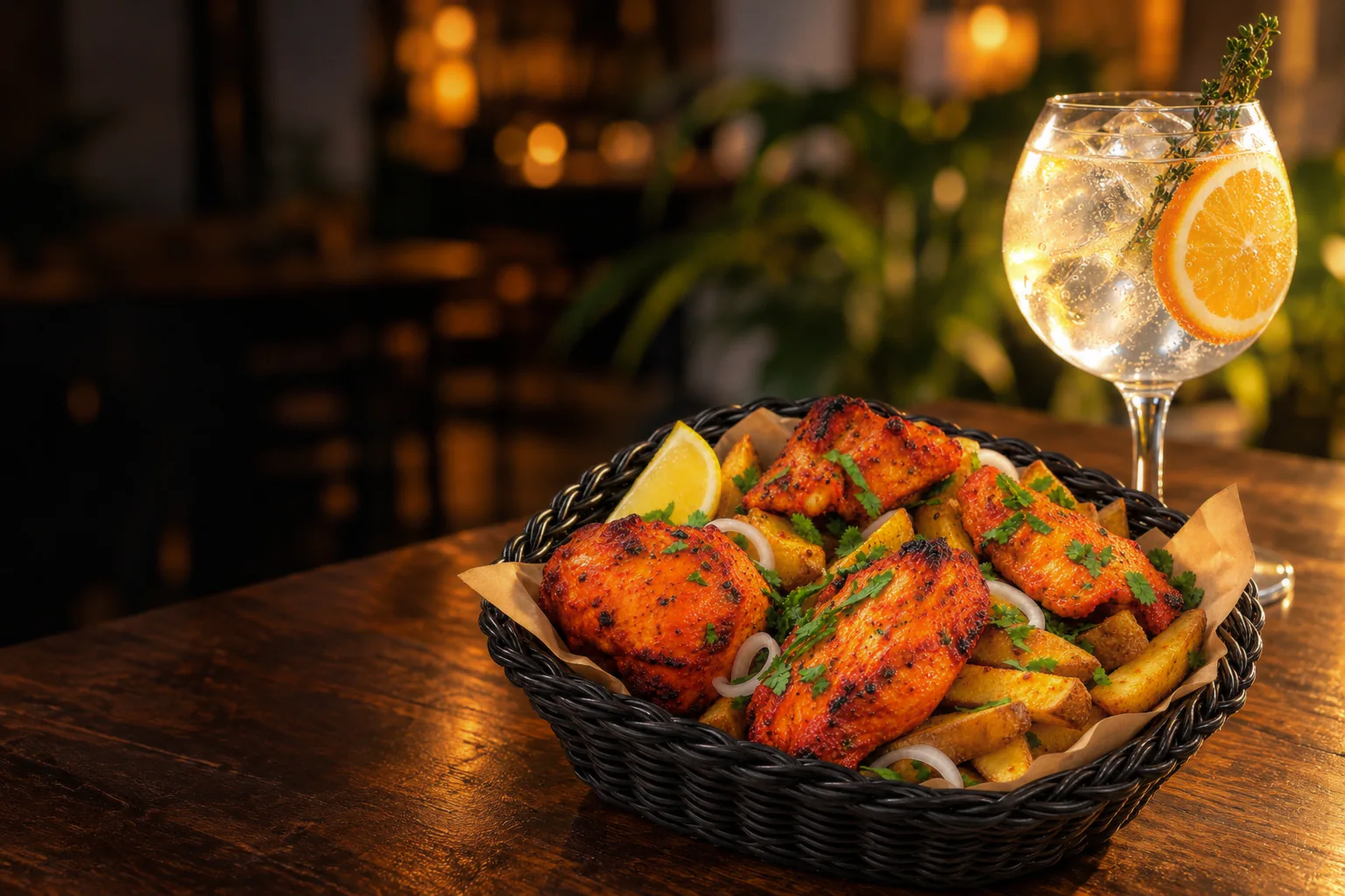 Cesto de frango tikka numa mesa de madeira, com um gin tónico ao lado