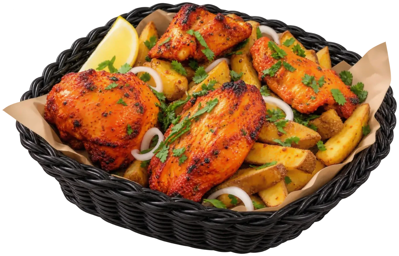 Cesto de frango tikka com gomos de batata