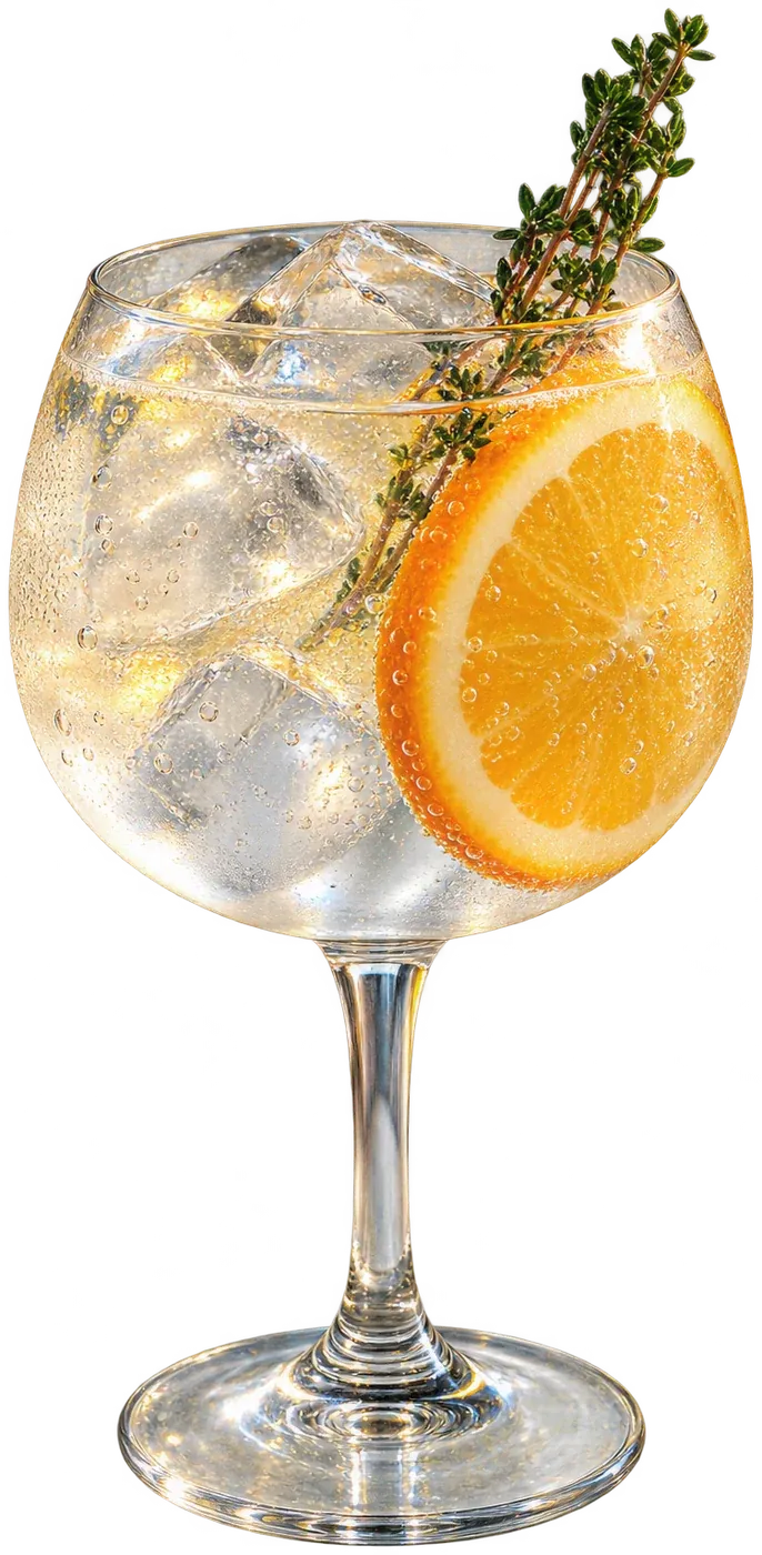 Gin tónico num copo balão com rodela de laranja e tomilho